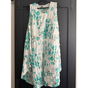 Crinkle Floral Tunic Dress Free Size Sleeveless Boho Teal White